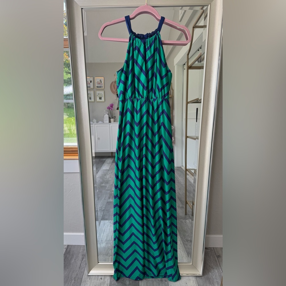 IZ Byer Chevron Maxi Dress – XS – Blue Green Halter Stretchy Sundress